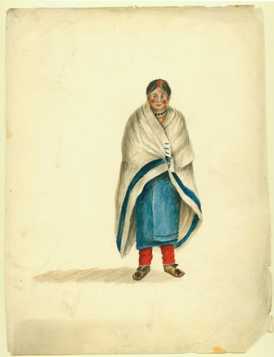 Indian Woman Wearing Red Leggings with Blue Wrap and Leather Moccasins, Two Red Dots on Cheeks, a Red Stripe on Her Head and an Indian Trade Blanket over Her Shoulders by Anna Maria von Phul